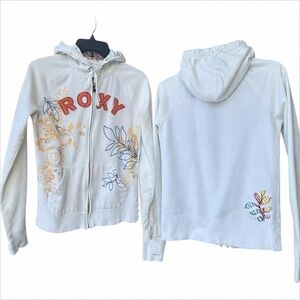 ROXY Y2K Zip-Up Hoodie Cream Floral Embroidered Logo Cottagecore Surf Skater Med